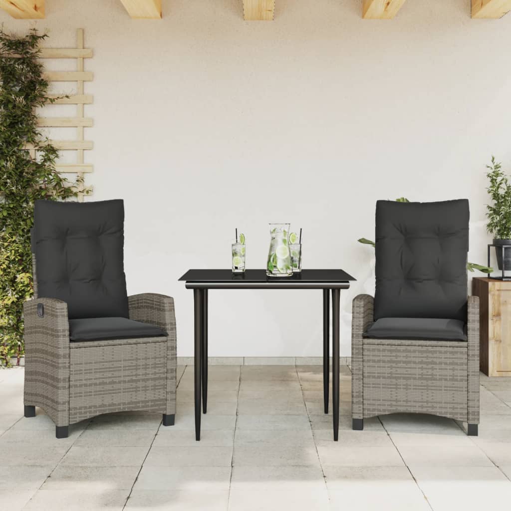 3-tlg. Garten-Essgruppe mit Kissen Grau Poly Rattan